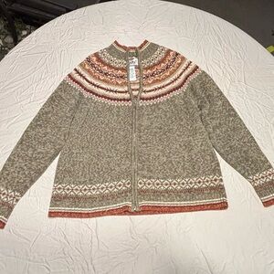 Tiara Neutral Fair Isle Zip Cardigan with Rust Accents